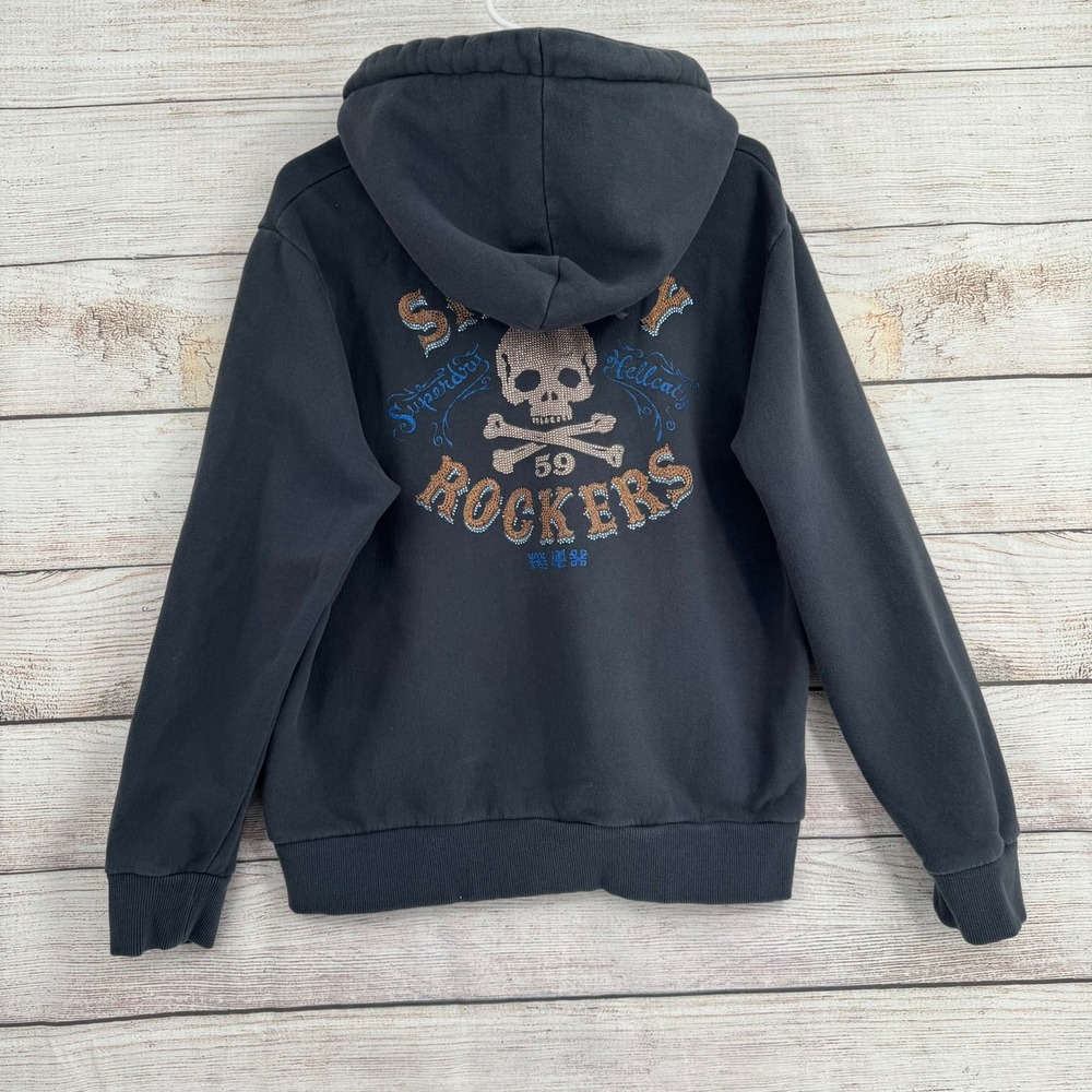 Superdry Hoodie Women US 12 Black Sin City Rockers Rhinestone Skull W2011863A